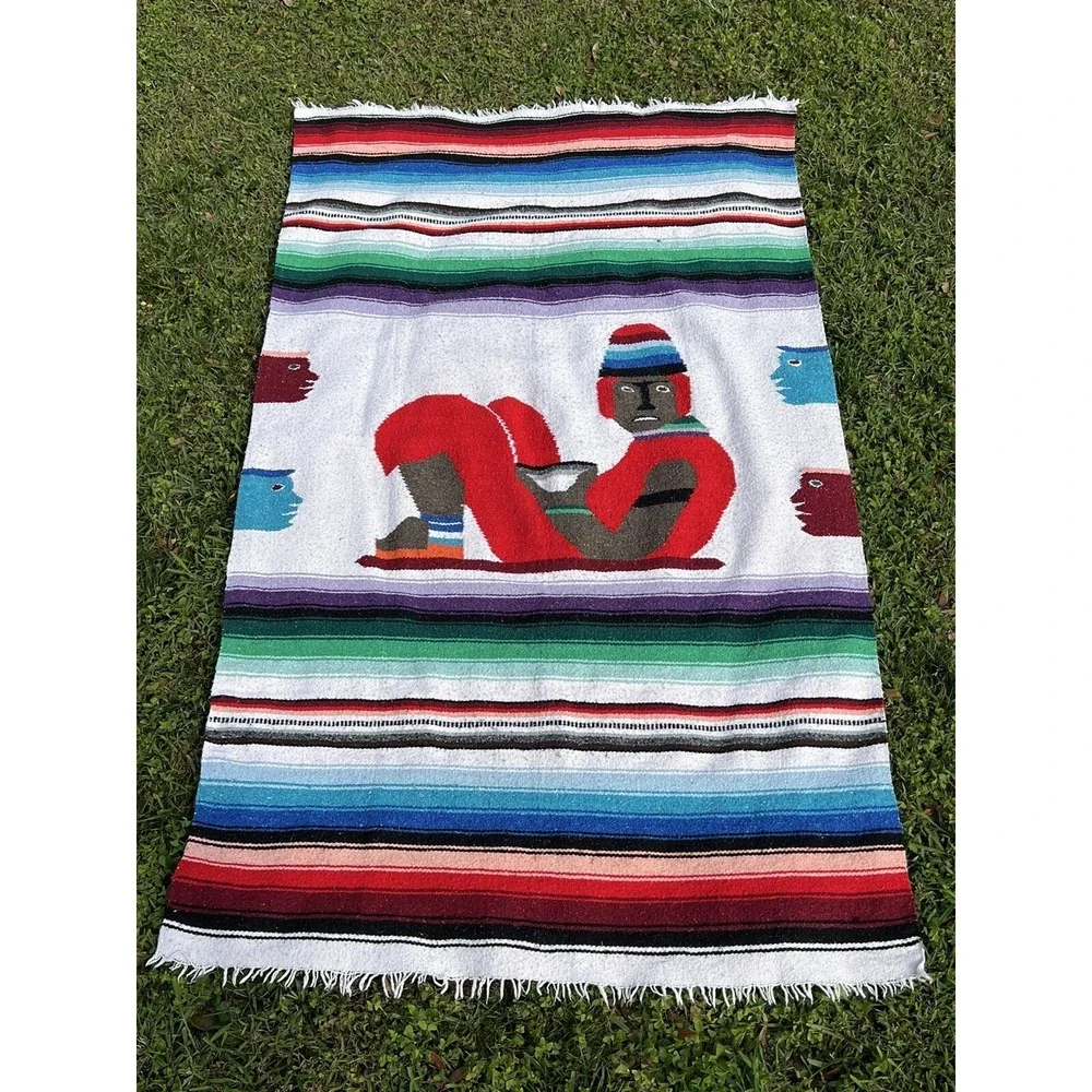 Vintage Wool Multicolor‎ Aztec Striped Throw Blanket 77